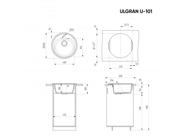 Кухонная мойка ULGRAN U-101 круглая с отверстием под смеситель (500х500)