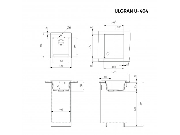 Кухонная мойка ULGRAN U-404 односекционная с отверстием под смеситель (420х500)