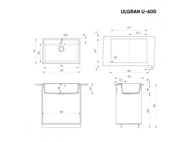 Кухонная мойка ULGRAN U-600 односекционная с отверстием под смеситель (760х510)