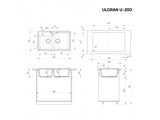 Кухонная мойка ULGRAN U-200 двухсекционная с отверстием под смеситель (840х500)