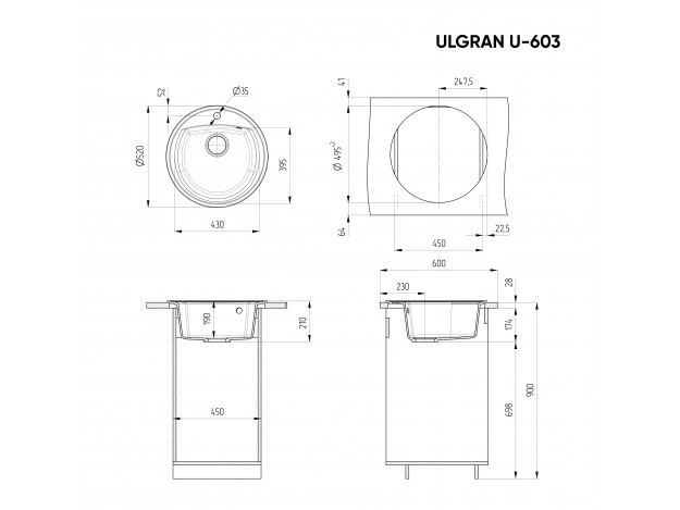 Кухонная мойка ULGRAN U-603 круглая с отверстием под смеситель (520х520)