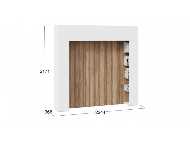 Шкаф навесной (366) со стеллажами и декоративными панелями «Порто» (Белый жемчуг/Яблоня беллуно/Белый софт) мод 16