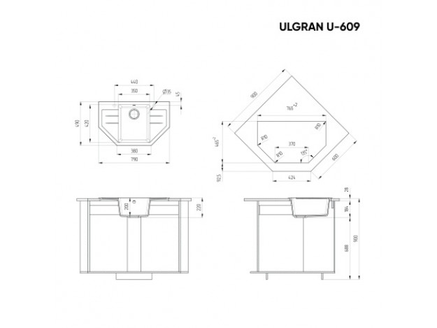 Кухонная мойка ULGRAN U-609 угловая односекционная реверсивная (790х490)