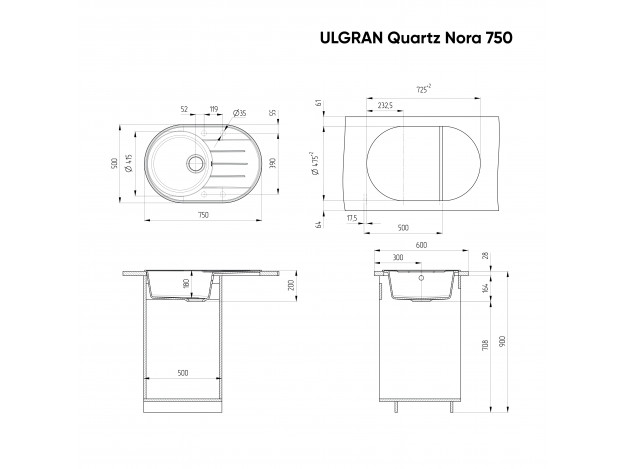 Кухонная мойка ULGRAN Quartz Nora 750 круглая (750х500)