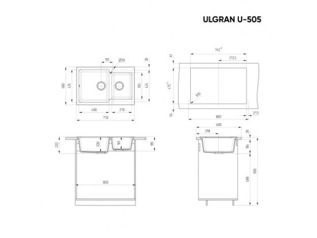 Кухонная мойка ULGRAN U-505 двухсекционная реверсивная (770х500)