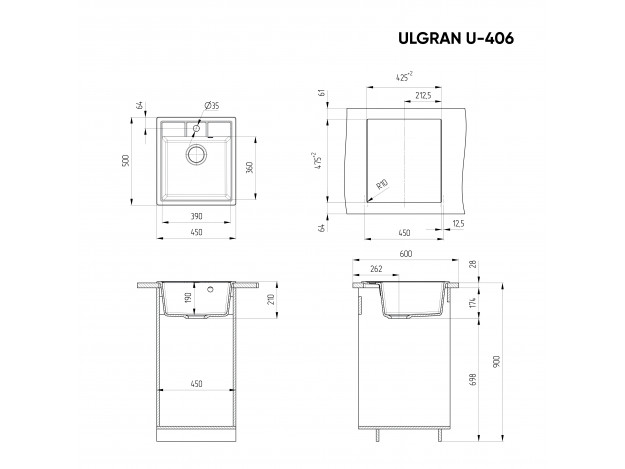 Кухонная мойка ULGRAN U-406 односекционная с отверстием под смеситель (500х450)