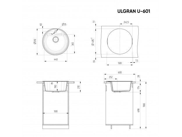 Кухонная мойка ULGRAN U-601 круглая с отверстием под смеситель (510х510)