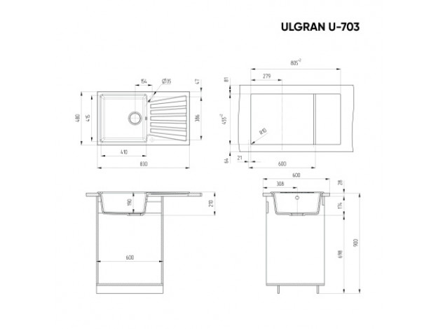 Кухонная мойка ULGRAN U-703 односекционная реверсивная (830х480)