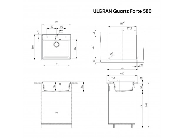 Кухонная мойка ULGRAN Quartz Forte 580 квадратная (580х500)