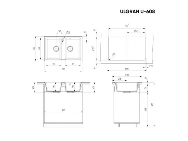 Кухонная мойка ULGRAN U-608 двухсекционная с отверстием под смеситель (770х500)