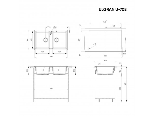 Кухонная мойка ULGRAN U-708 двухсекционная с отверстием под смеситель (860х510)