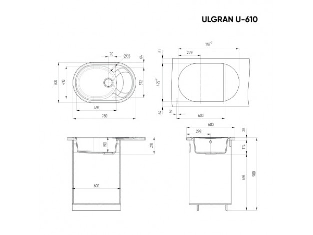 Кухонная мойка ULGRAN U-610 односекционная реверсивная (780х500)