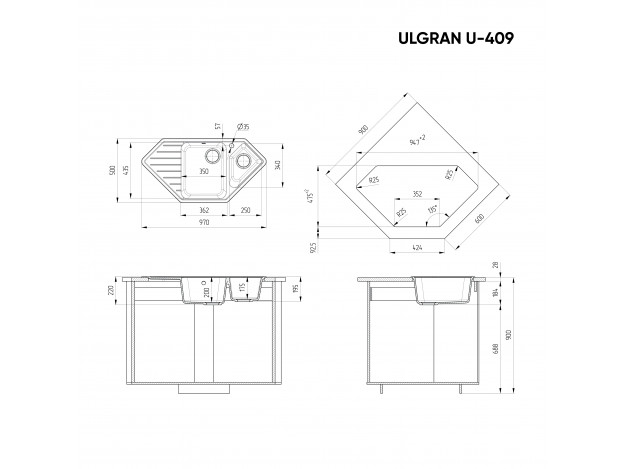 Кухонная мойка ULGRAN U-409 угловая двухсекционная с отверстием под смеситель (970х500)