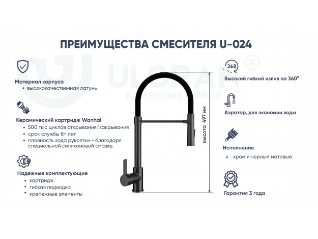 Смеситель ULGRAN UQ-024 однорычажный с высоким гибким изливом