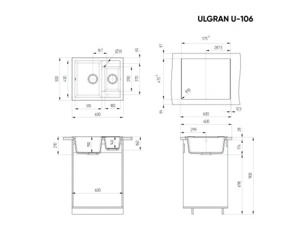 Кухонная мойка ULGRAN U-106 двухсекционная реверсивная (600х500)