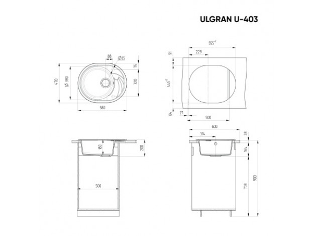 Кухонная мойка ULGRAN U-403 односекционная реверсивная (580х470)