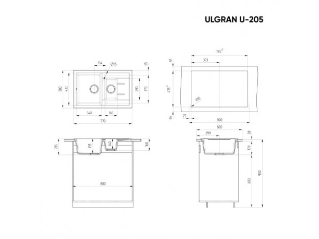 Кухонная мойка ULGRAN U-205 двухсекционная реверсивная (770х500)