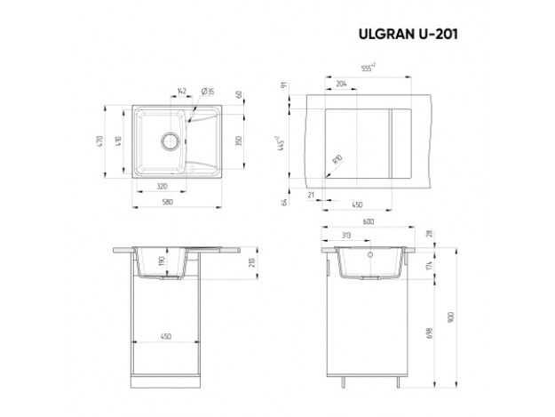 Кухонная мойка ULGRAN U-201 односекционная реверсивная (580х470)