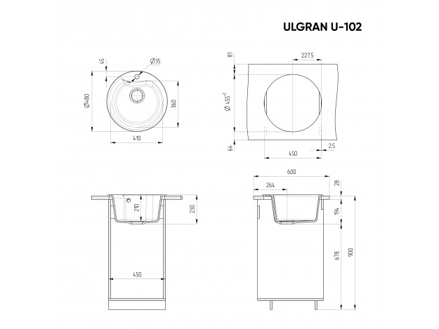 Кухонная мойка ULGRAN U-102 круглая с отверстием под смеситель (480х480)